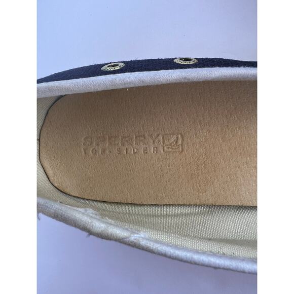 Sperry HTF Top Sider Navy Blue & White Slip On Low Wedge Slip On Boat Shoes 10M - Picture 12 of 14